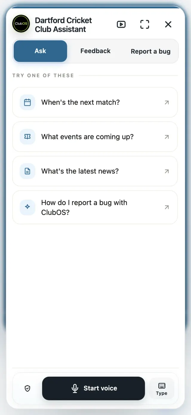 The live ClubOS Assistant interface on mobile
