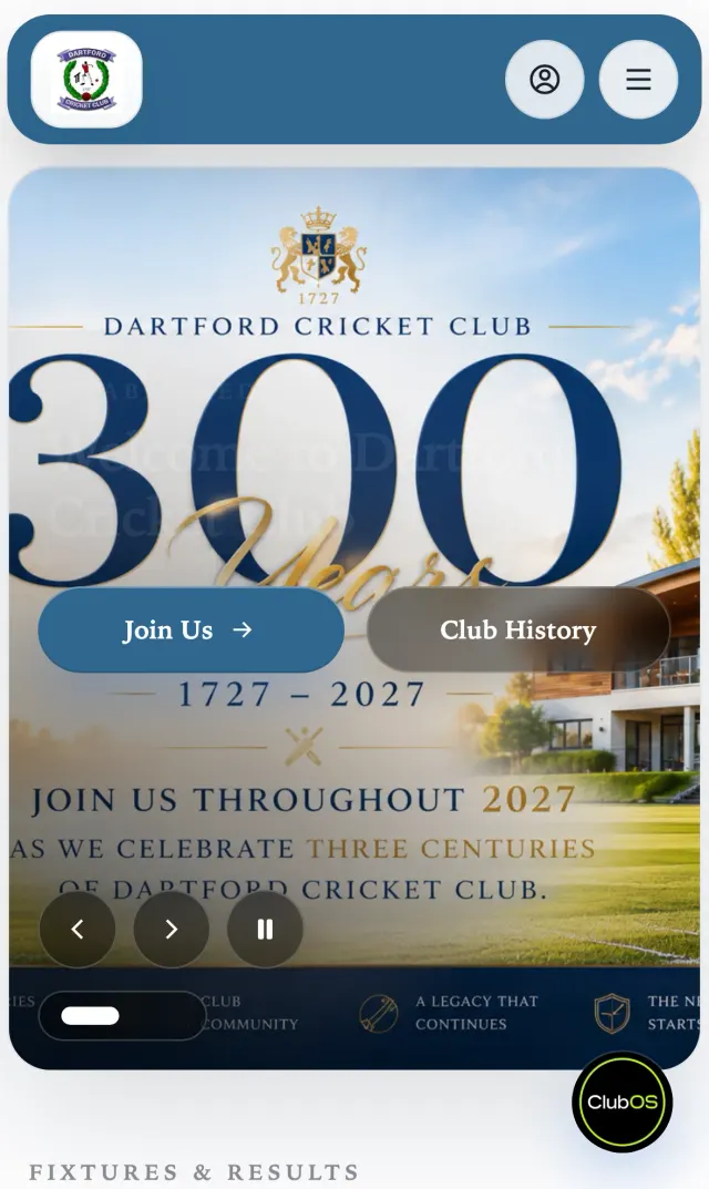 A live ClubOS club website displayed on an iPhone-sized screen