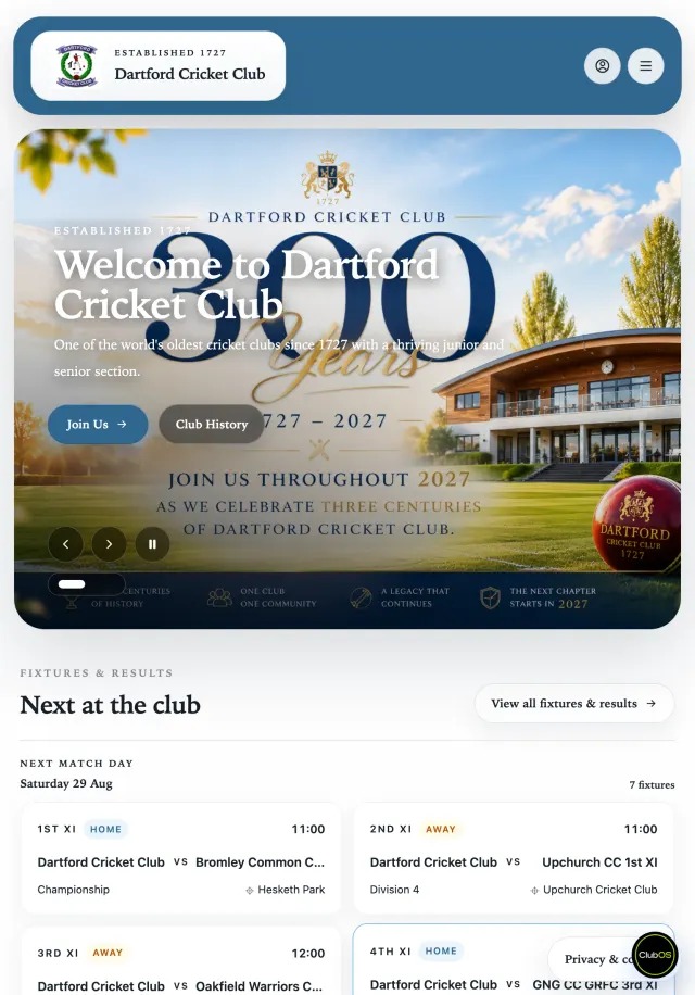 A live ClubOS club website displayed on tablet