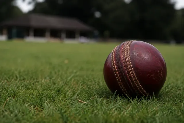 A worn red cricket ball resting in short green grass