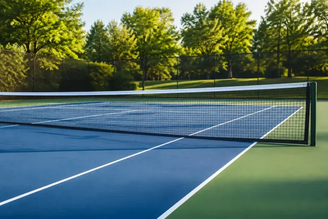 A sunlit blue tennis court with crisp white lines and a net